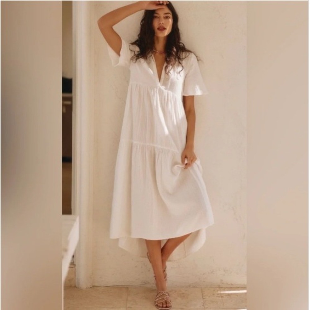 Anthropologie The Callie Flowy Maxi Dress Ivory Cotton Gauze Tiered V-Neck S